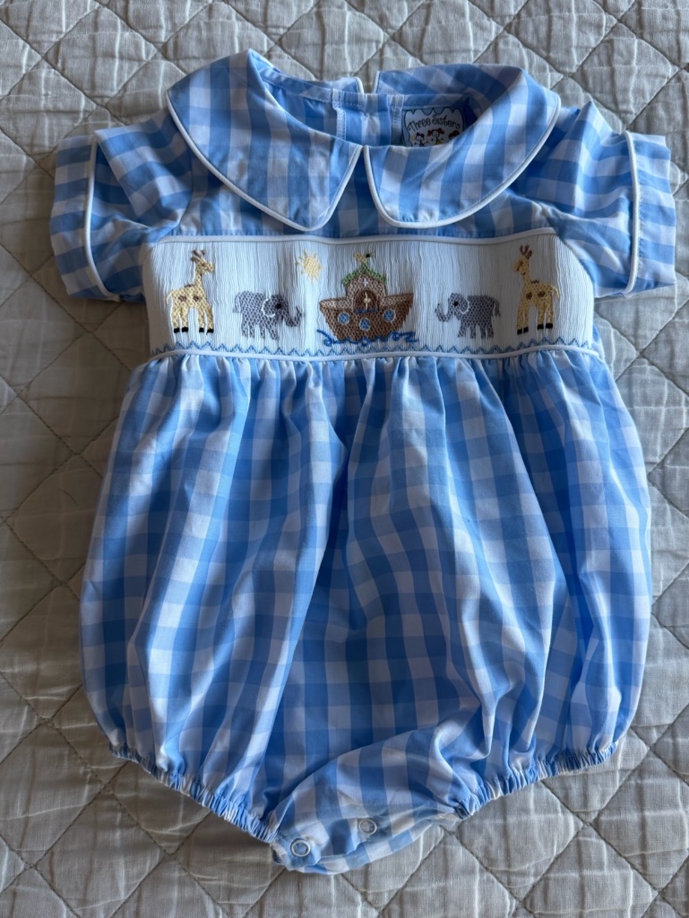 Three Sisters Blue Gingham Smocked Noah's Ark Bubble Romper (12 Months)